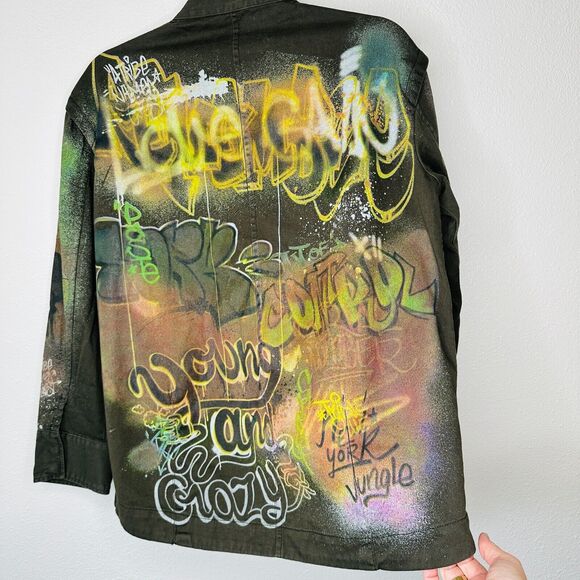 Zara Army Green Grafitti New York Jungle Oversize Zip Utility Jacket 100% Cotton - Picture 9 of 16